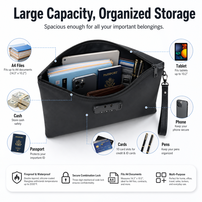 Fireproof Waterproof Document Bag with Lock, A4 Size, Travel & Office Storage