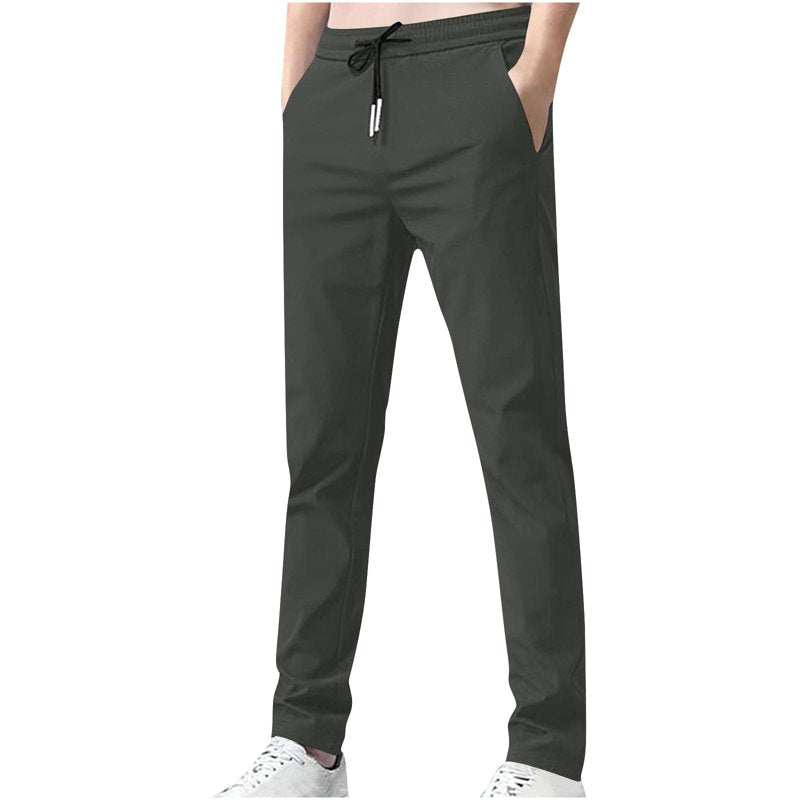 Men's Slim Straight Drawstring Pants with Pockets - Lightweight Casual Dress Pants