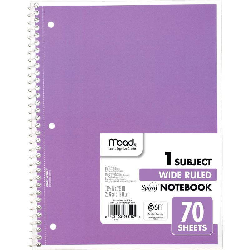 Mead 1 Subject Spiral Notebook Pack of 6 Wide Ruled, Durable 70 Sheets