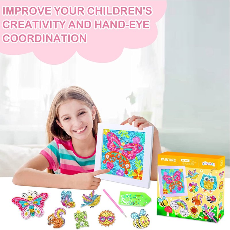 Kids Diamond Art Craft Kit with Wooden Frame - Animal Stickers & Keychains