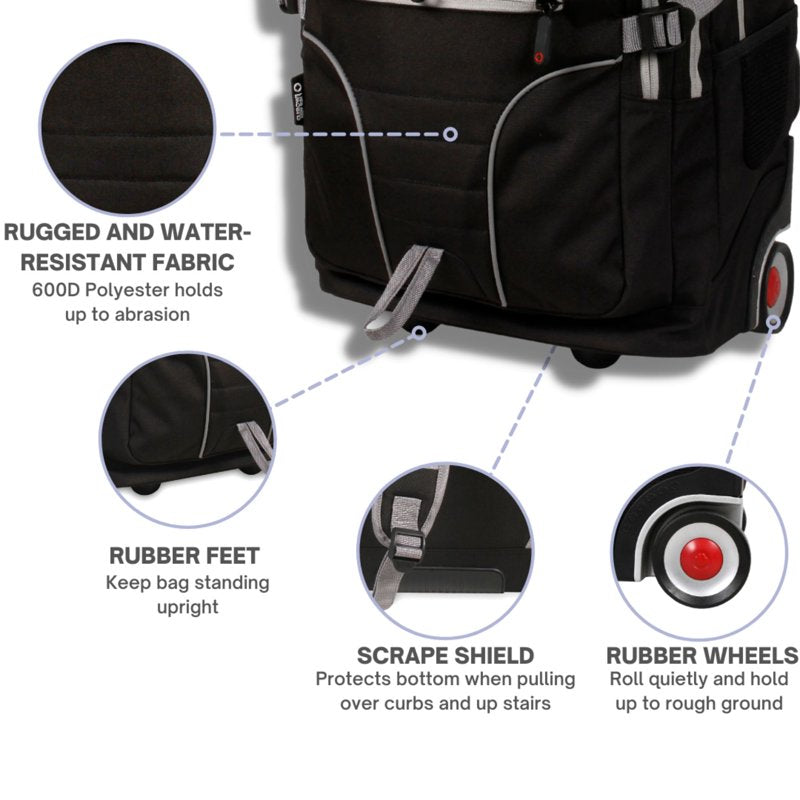 Multi-Purpose Rolling Backpack for School and Travel - Black, 19.5 Inch