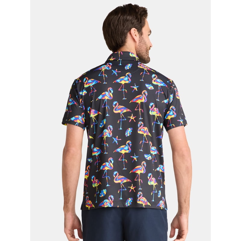 Birdie Bound Men’s and Big Men's Novelty Print Golf Polo Shirt – Black Flamingo, XL (S-5XL)