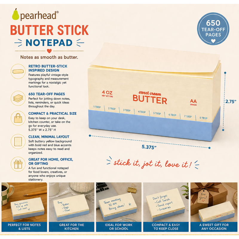 Butter Stick Notepad - Retro Yellow 650 Sheets Compact Office & Kitchen Note Pad