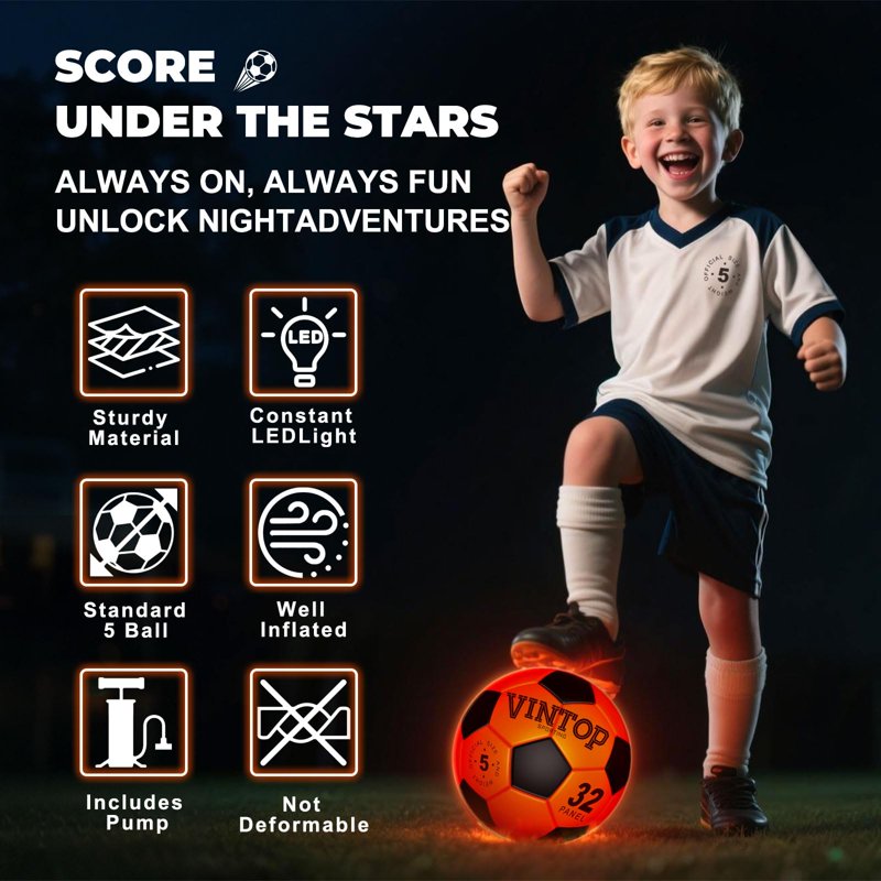Light Up Soccer Ball – Size 5, LED Glow in the Dark, Impact Activated