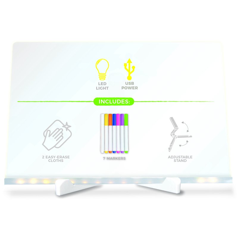 12 Inch Neon Glow LED Light-Up Message Board with Stand and 7 Color Markers