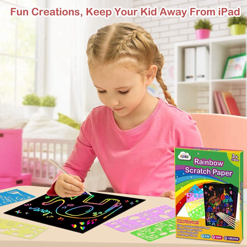 Rainbow Scratch Art Paper Kit for Kids with Wooden Stylus & Stencils