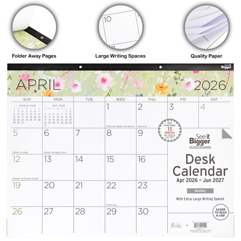 Large Floral Desk Pad Calendar 17x22 Inch 15-Month April 2026 - June 2027