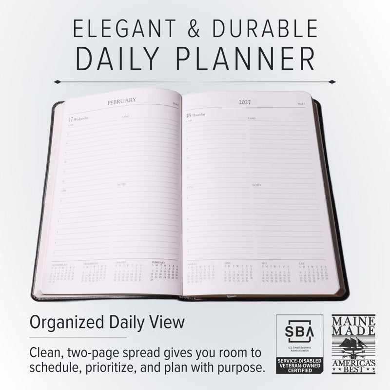 Leather Daily Planner 2027 - 12-Month Organizer & Notebook with Gold Edges