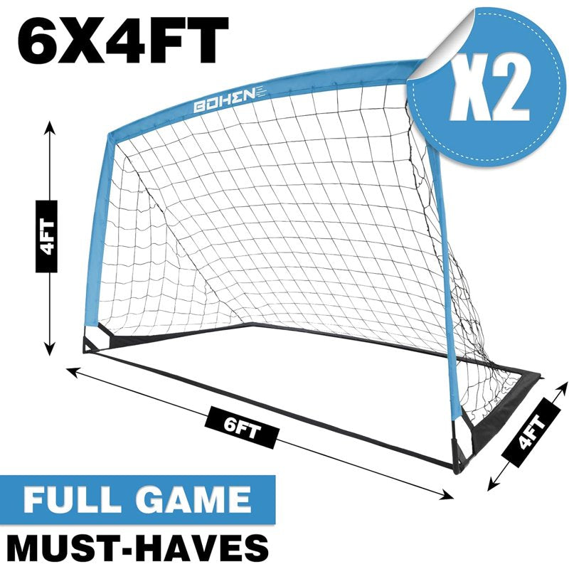 BOHEN 6x4 FT Portable Soccer Goal for Kids Blue with Net, Carry Bag & Ground Stakes - 2 Pack