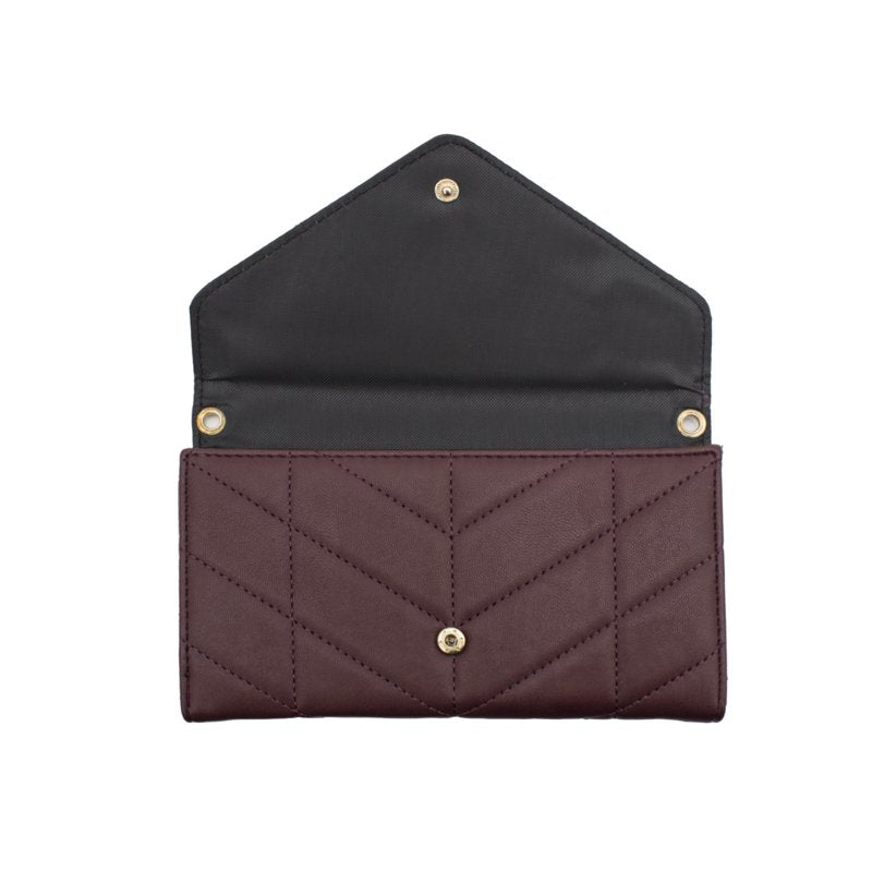 Women's Vegan Leather Quilted Fold Wallet with Crossbody Chain - Wine