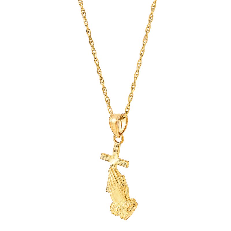 10K Gold Praying Hands Necklace with Cross Pendant, 14-Inch Gold Filled Chain