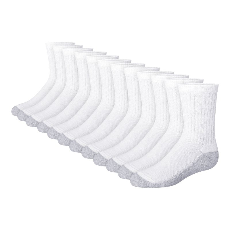 Hanes Boys' Crew Socks Pack - 12 Pairs, White, Double Tough Reinforced Heel & Toe