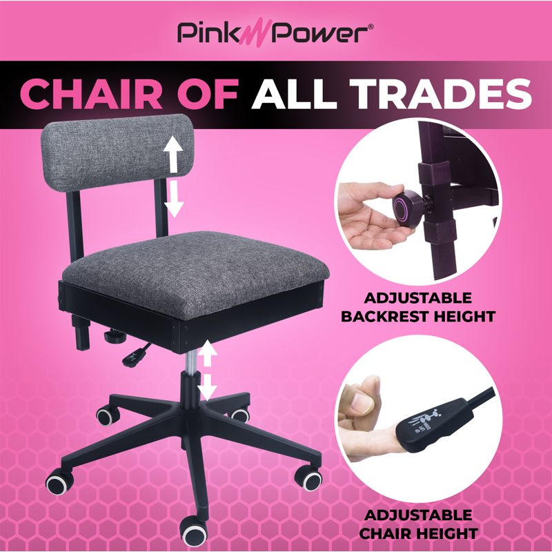Ergonomic Sewing Chair with Wheels and Adjustable Back Support - Crafting & Quilting Stool