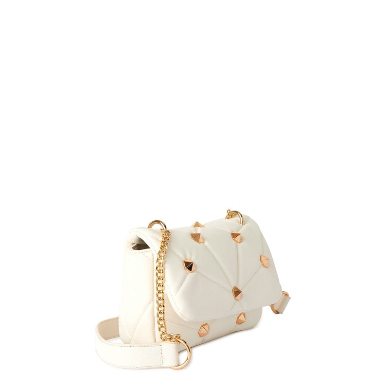 Women's Quilted Crossbody Bag with Studded Accents - White