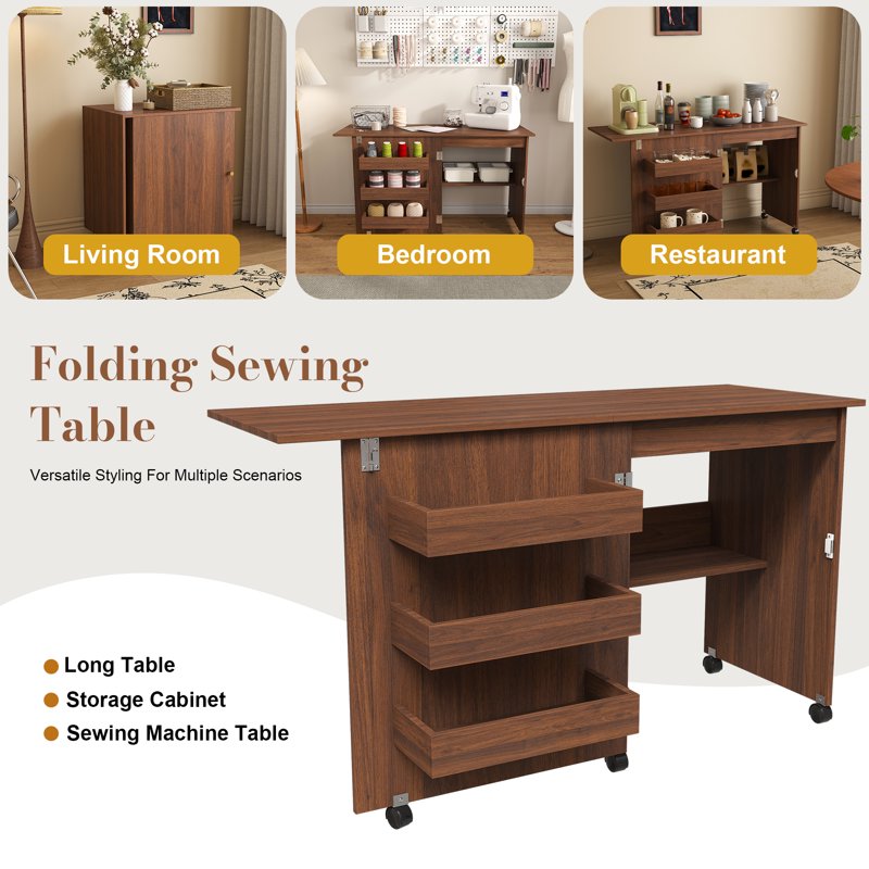 4-in-1 Folding Sewing Table with Storage and Wheels for Craft Room