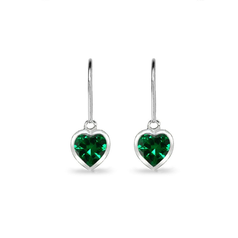 Sterling Silver Heart Bezel-Set Dangle Earrings with 6mm Gemstones - Multiple Colors