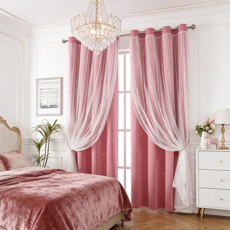 Double Layer Blackout Curtains with Star Pattern Lace Overlay 40x51 Inch for Living Room & Bedroom