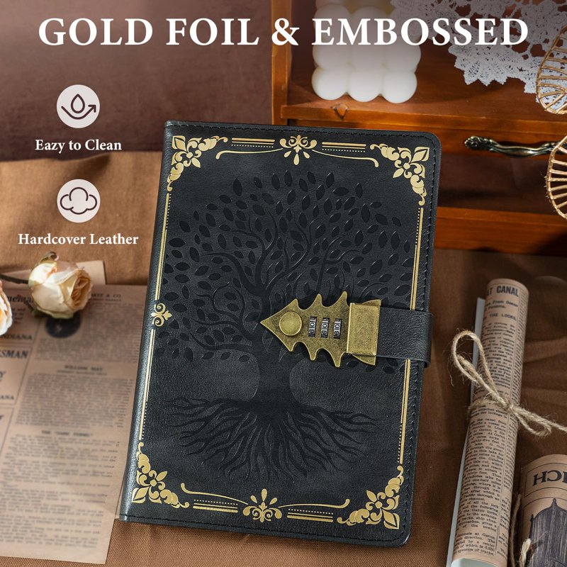 Password Protected Leather Notebook with Lock, A5 PU Cover - Multiple Colors