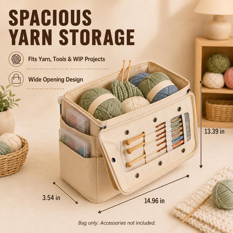 Large Canvas Yarn Storage Bag with Multiple Pockets & Yarn Holes for Knitting Crochet