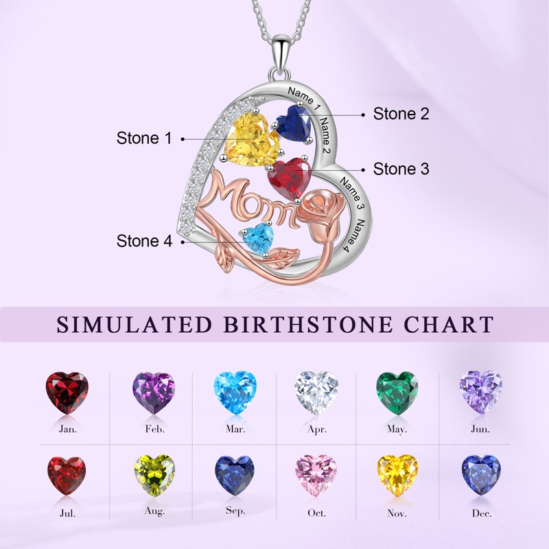 Personalized Brass Heart Necklace with Birthstones for Mom - Family Jewelry