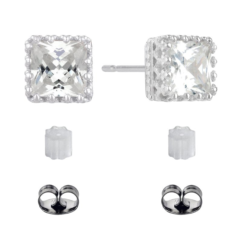 Sterling Silver Square Simulated Diamond Stud Earrings for Women