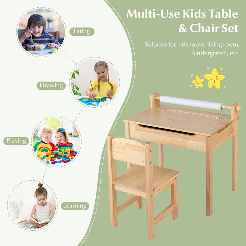 Kids Activity Table with Chair, Paper Roll Holder & Storage - Toddler Furniture