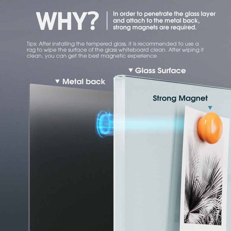 Magnetic Glass Whiteboard 36x24 Inch Frameless Dry Erase Board Office Home