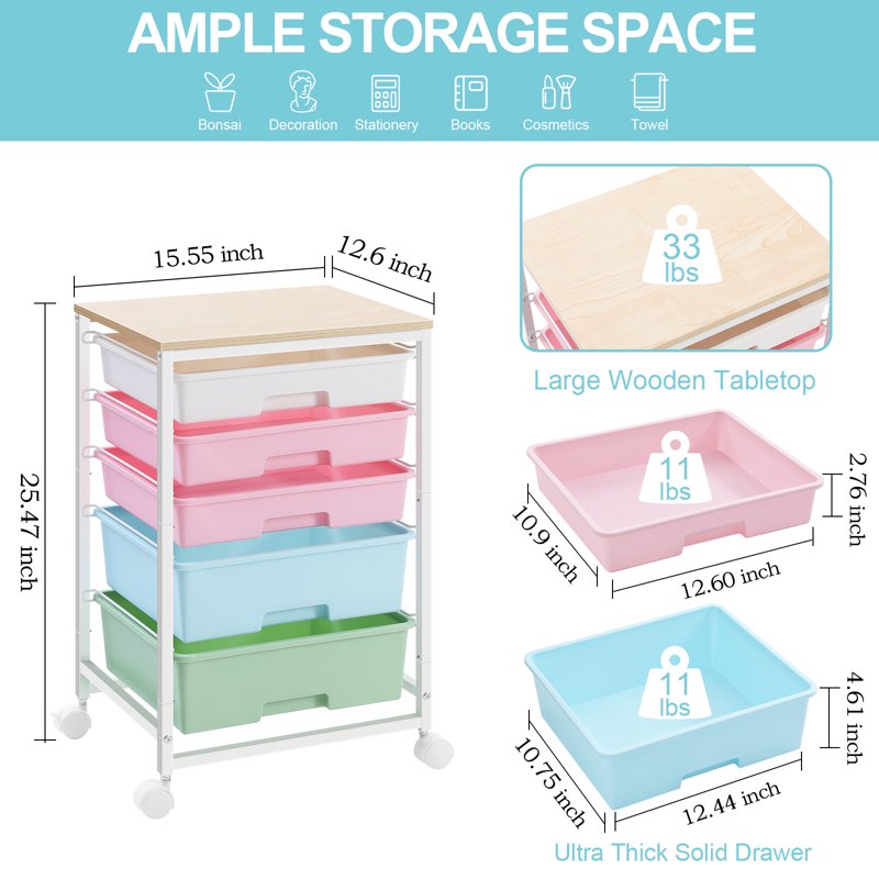 Multi-Color 5-Drawer Rolling Storage Cart with Wooden Top - Home Office Organizer