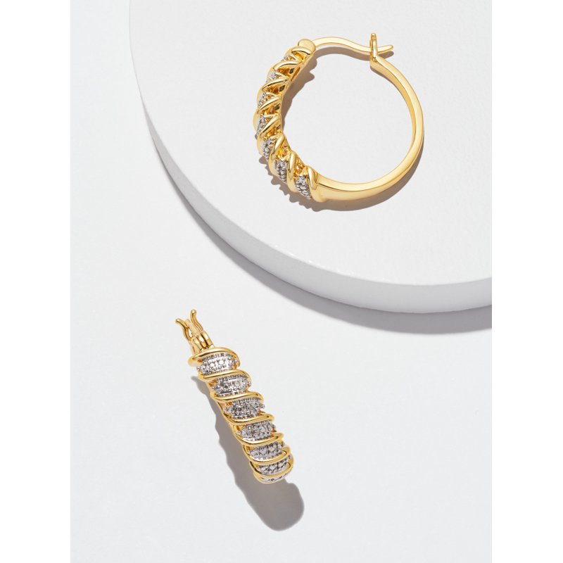 Silver and Gold Tone Hoop Earrings with Diamond Accent - S Link Design