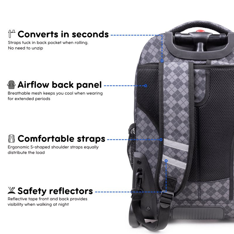 Unisex 20-Inch Rolling Backpack with Laptop Sleeve for School & Travel