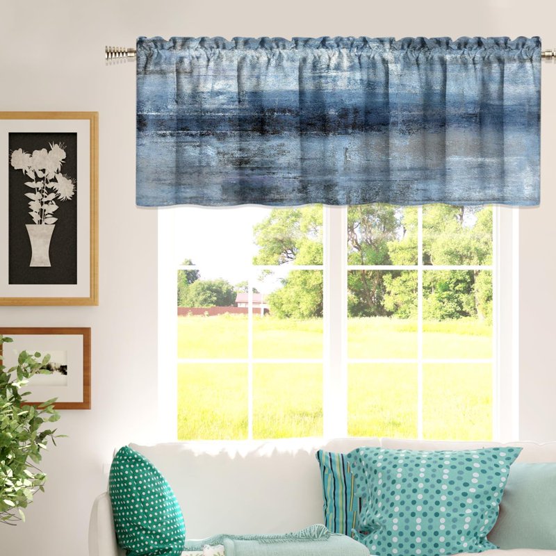 Blue Grey Kitchen Valances for Windows - Abstract Art Window Treatment - 18x52 Inches