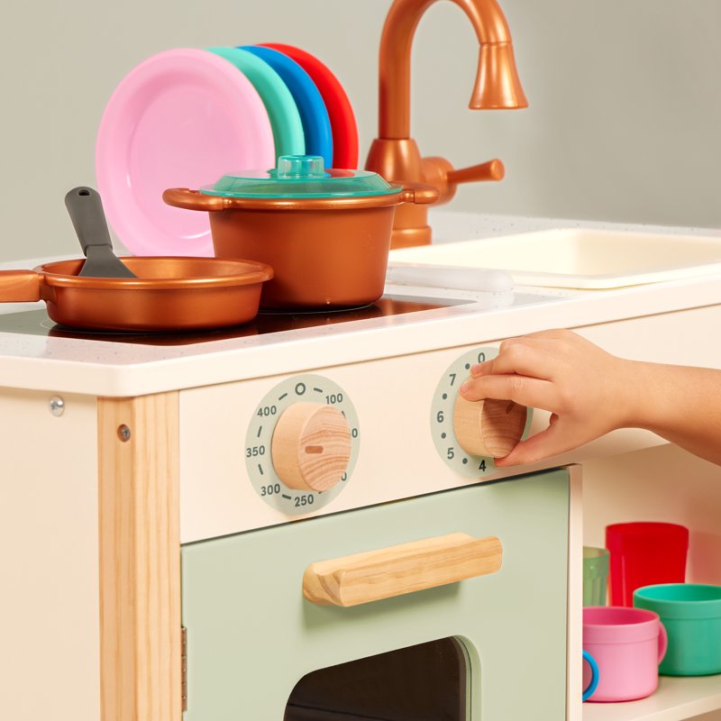 Wooden Kitchen Playset with Chalkboard and Accessories - Toddler Pretend Cooking & Café Set