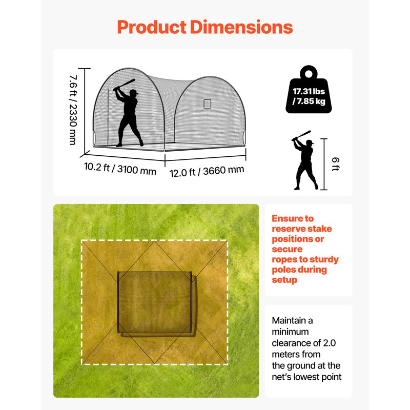 Portable Baseball Batting Cage 12x10.2ft with Durable Netting and Pitching Machine Opening