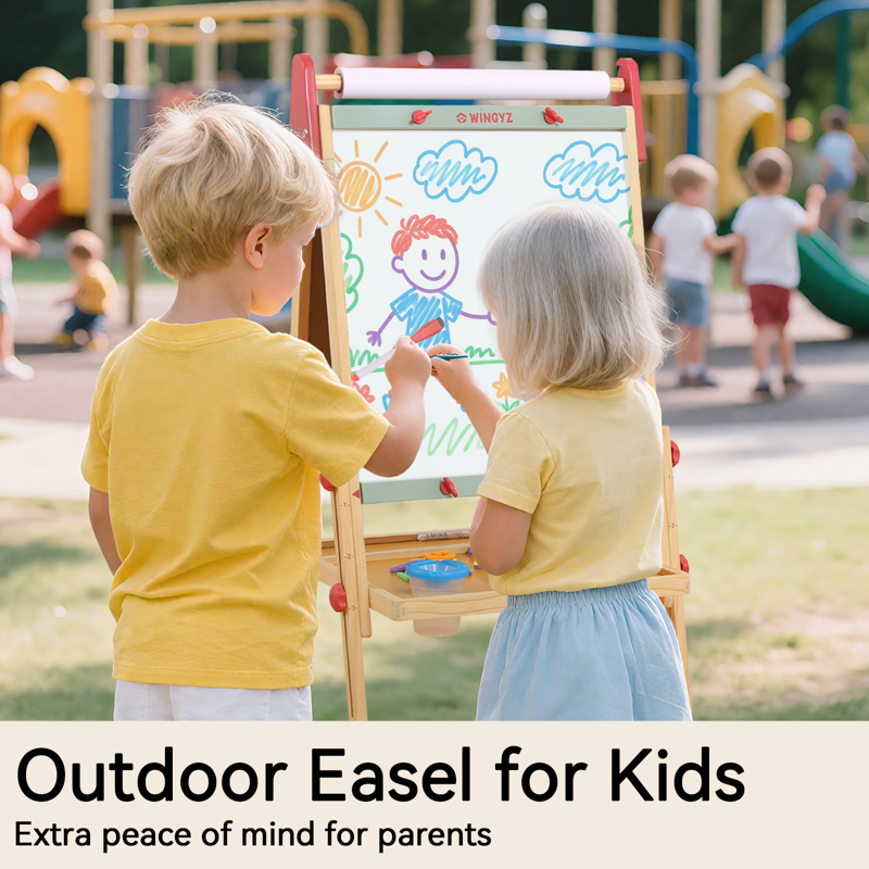 Kids Wooden Art Easel with Paper Roll, Magnetic Whiteboard & Chalkboard, Adjustable for Ages 3-12