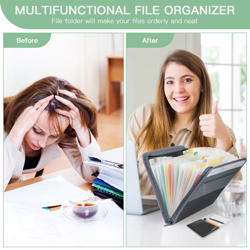 Accordion File Organizer with Zipper - 13-Pocket Waterproof Document Bag for Office & Home