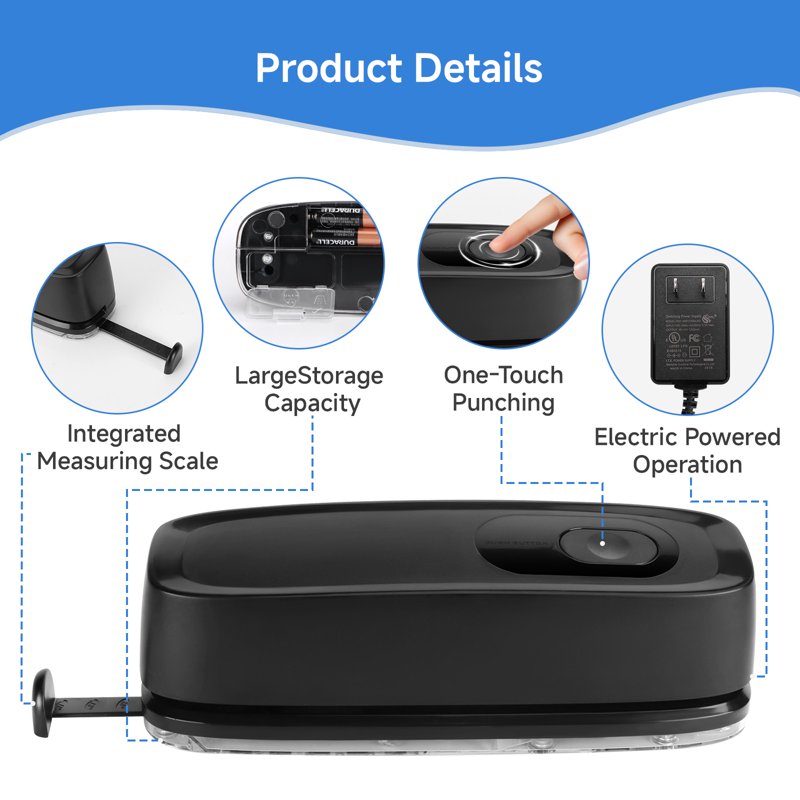 Electric 3-Hole Paper Puncher - 20-Sheet Capacity, Corded & Battery Operated, Office & Home Use