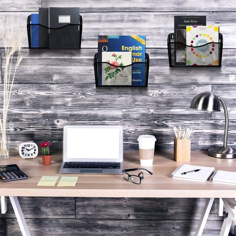 Wall Mount File Organizer with Metal Mesh Pocket for Office & Home