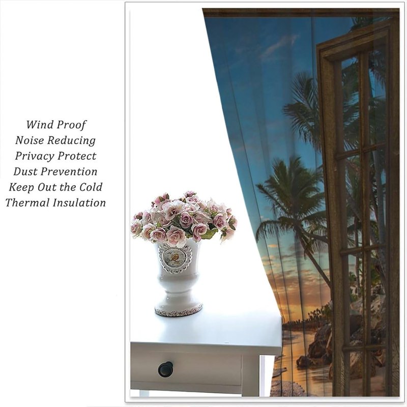 Beach Curtain Set for Windows - Sunset Print, Blackout, Rod Pocket, 2 Panels