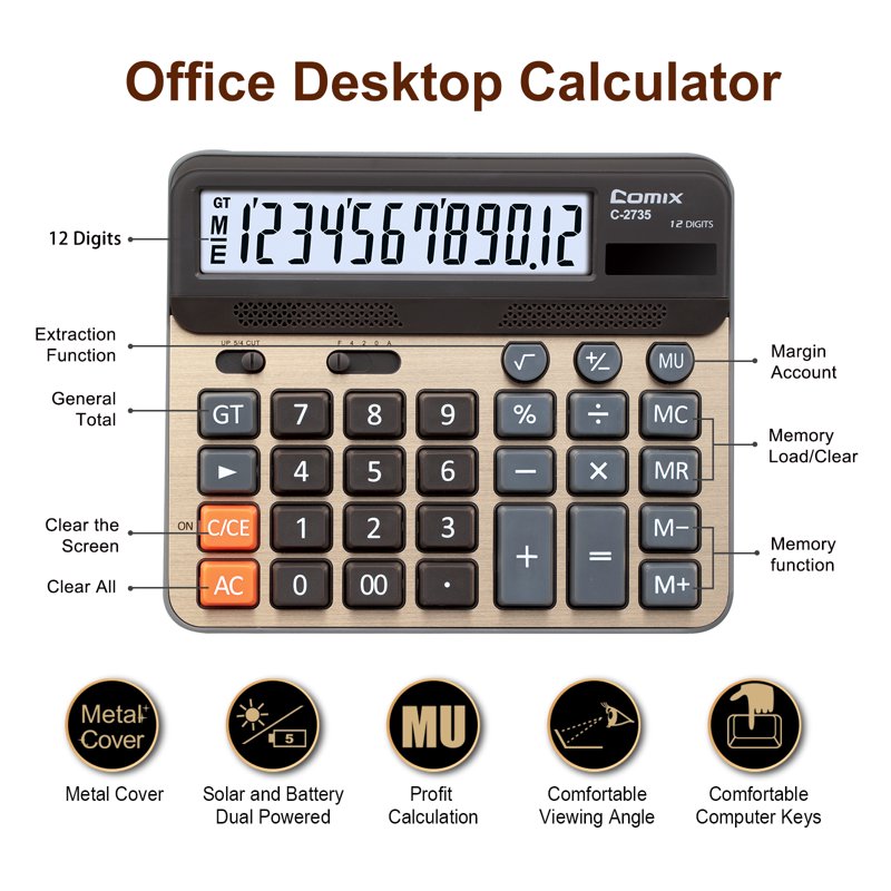 Desktop Calculator with Large Keys 12 Digit Display - Gold, White, Blue, Gray