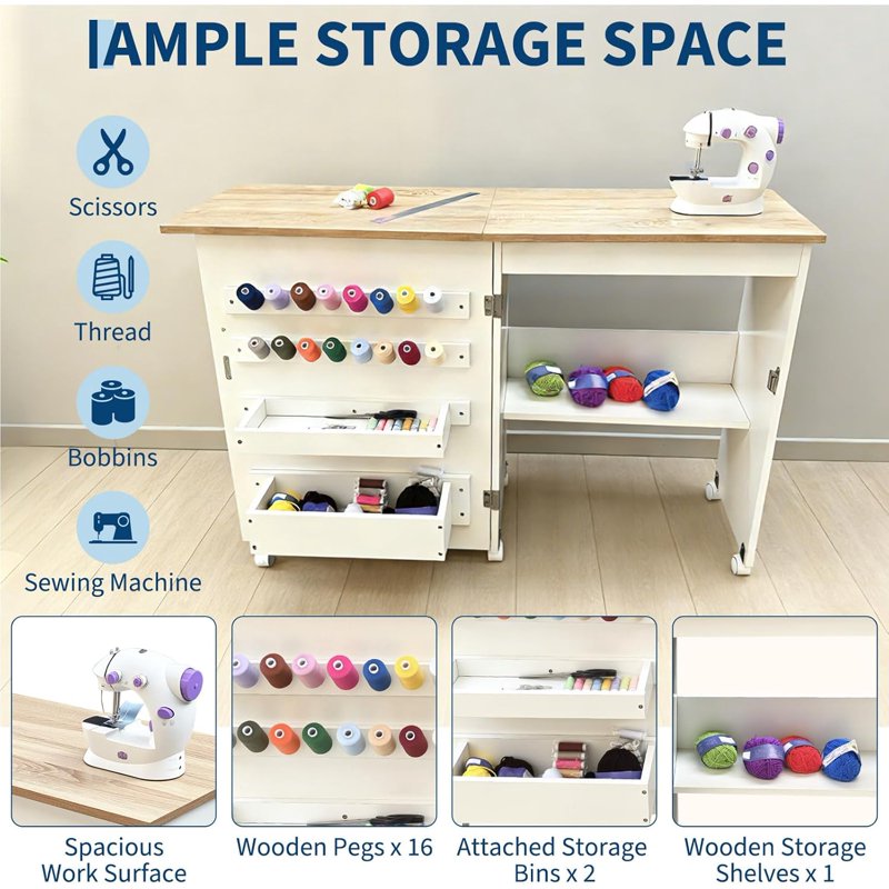 Portable Folding Sewing Table with Wheels, Storage Shelves & Trays