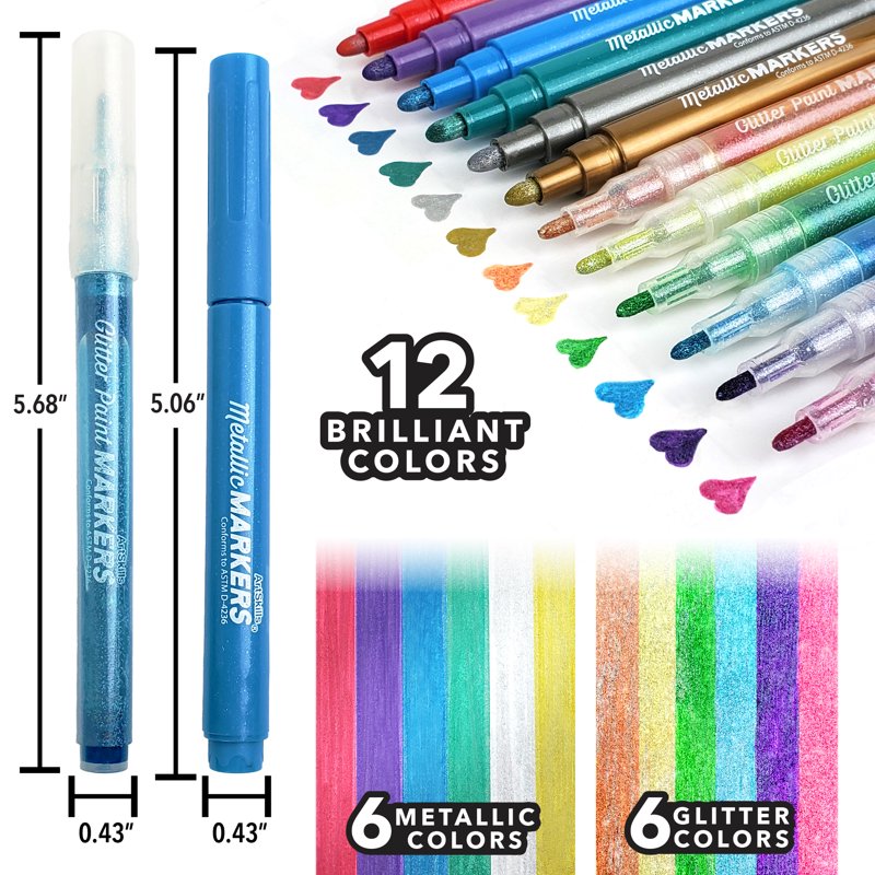 12-Color Metallic & Glitter Art Markers for Kids and Adults