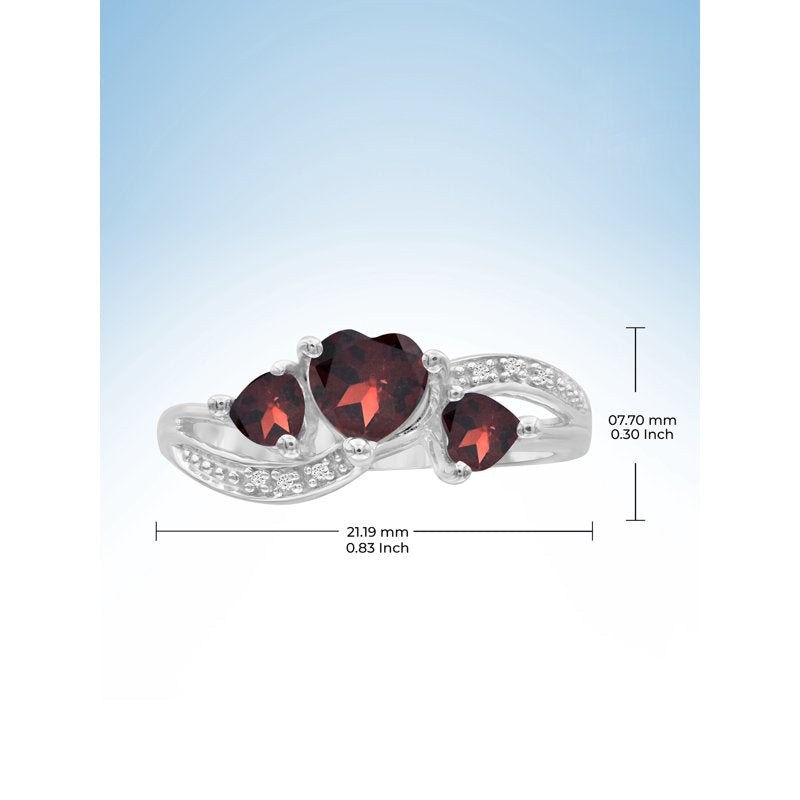 Sterling Silver Garnet Ring with Diamonds | Heart Design, Hypoallergenic