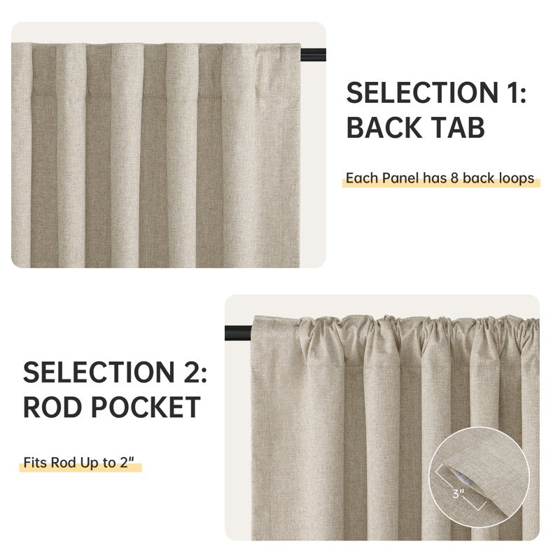 Blackout Faux Linen Curtains 52x108 Inches Set Thermal & Noise Insulated Privacy Drapes