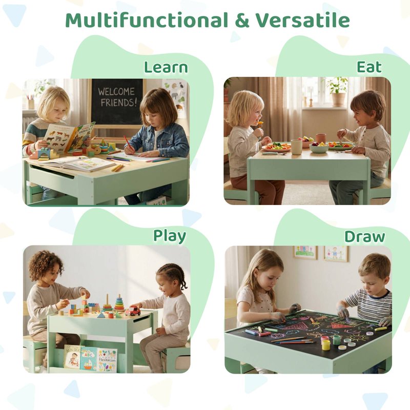 Kids Activity Table and Chair Set - Reversible Blackboard with Storage - Toddler Play Desk