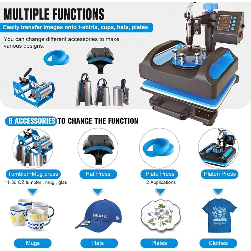 8-in-1 Heat Press Machine 12x10 Inch for T-Shirts Mugs Hats Plates DIY Transfer