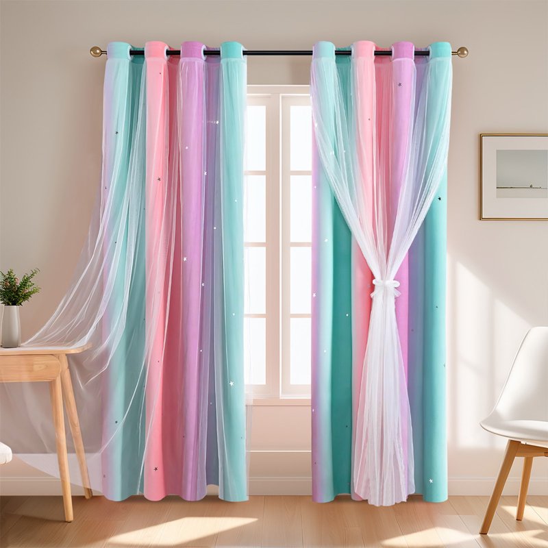 Double-Layer Blackout Rainbow Ombre Glitter Star Window Curtains 39×51 Inch