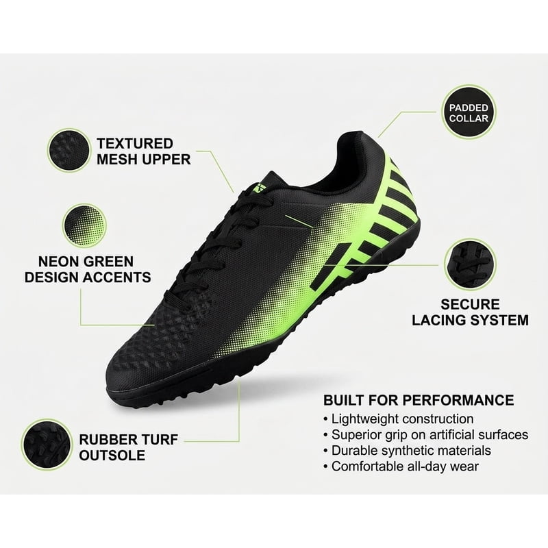 Vizari Santos 6.5 Black & Green Turf Soccer Cleats – Men's & Women's Indoor Football Shoes