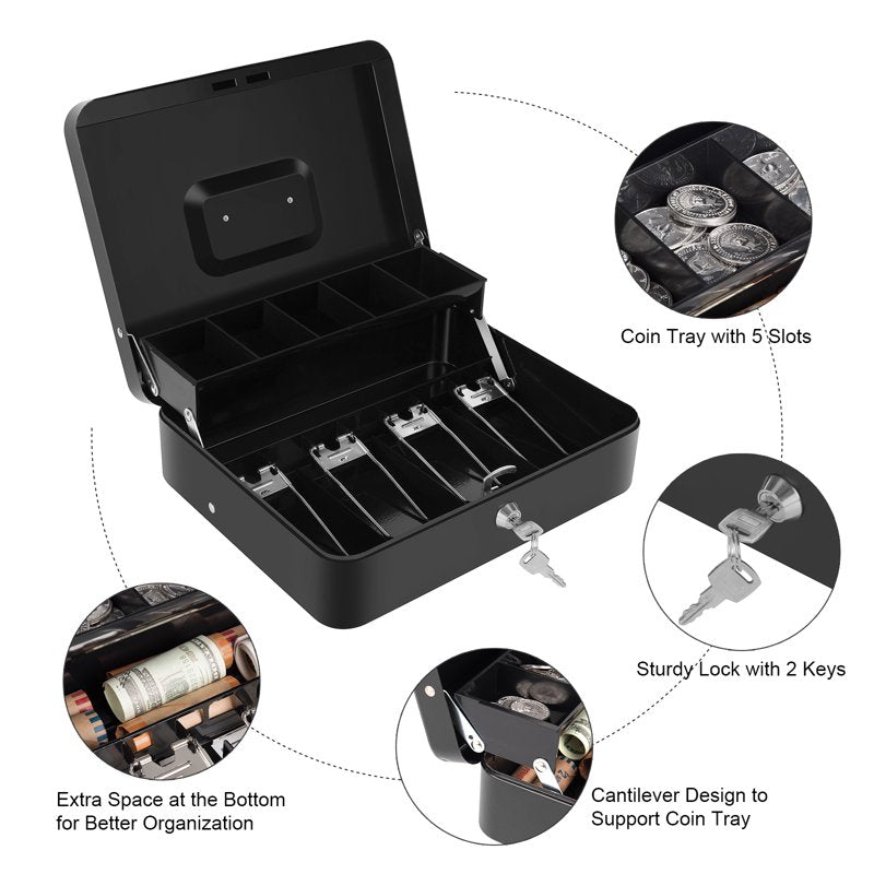 Heavy Duty Metal Cash Box with Lock and Coin Tray - 11.8x9.4x3.5 Inches