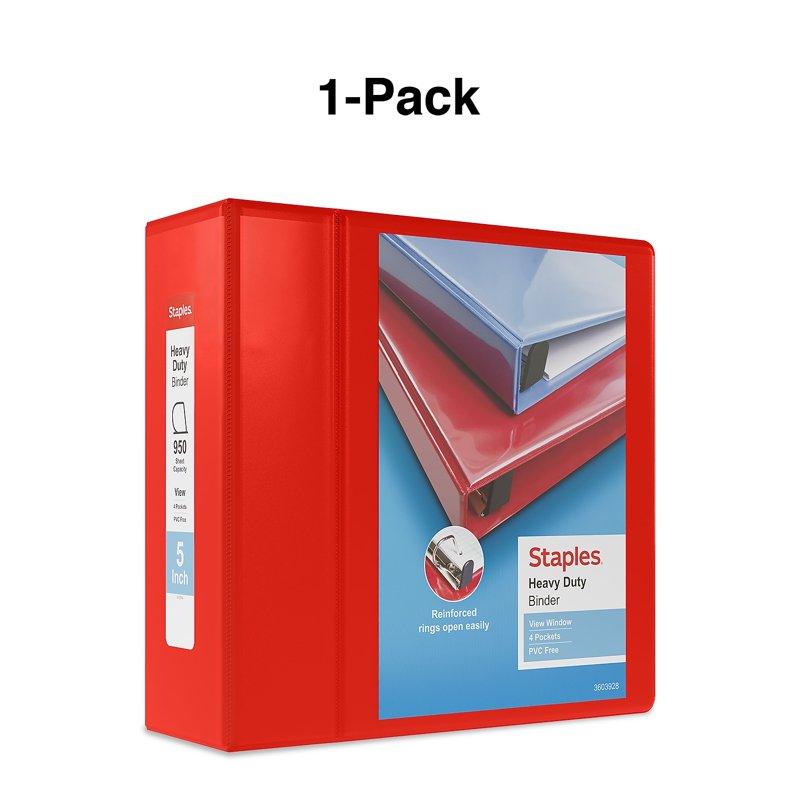 Heavy Duty 5-Inch 3-Ring View Binder - Red, 950-Sheet Capacity