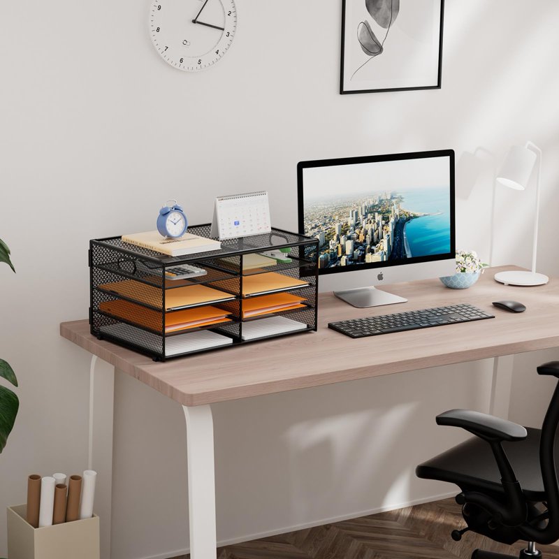 5-Tier Desktop Organizer with Metal Paper Tray Storage Rack, Black